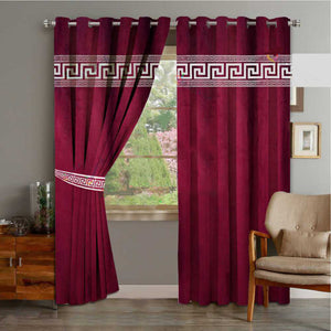 Pair of Laser Cutwork Versace Velvet Curtains White on Maroon With Tie Belts