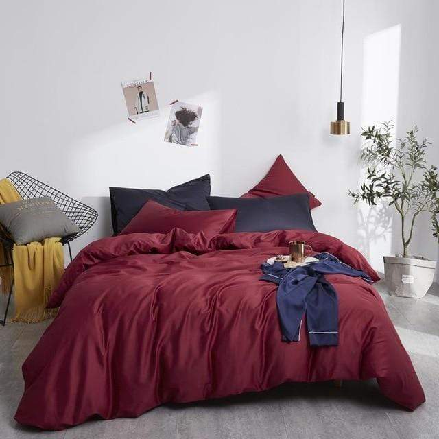 6 Pcs Satin Duvet Cover Set Maroon With Navy Blue