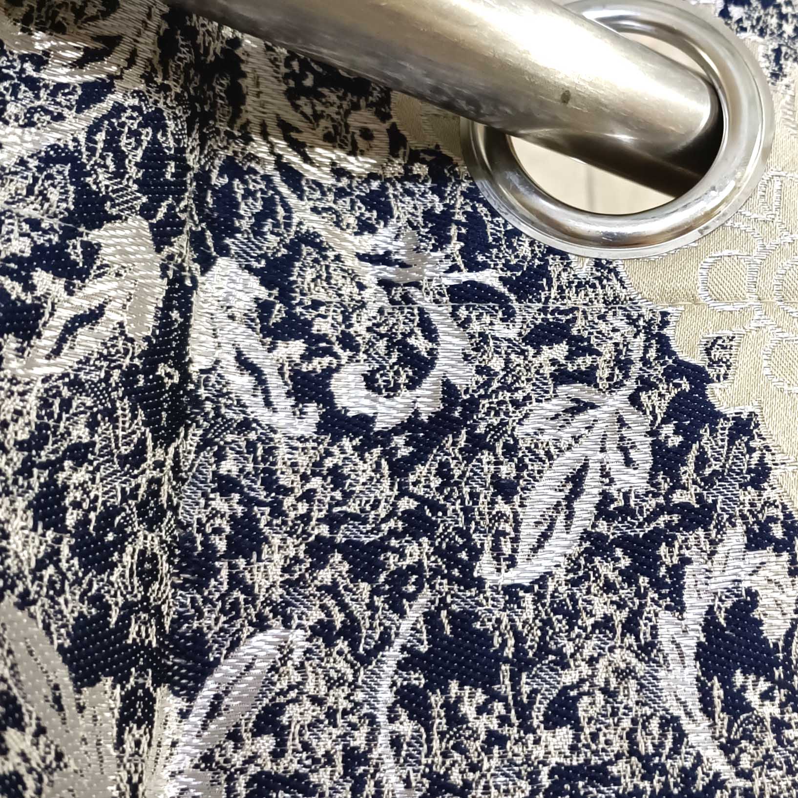 Thick Viscose Curtain Navy Blue and Silver on Off-White