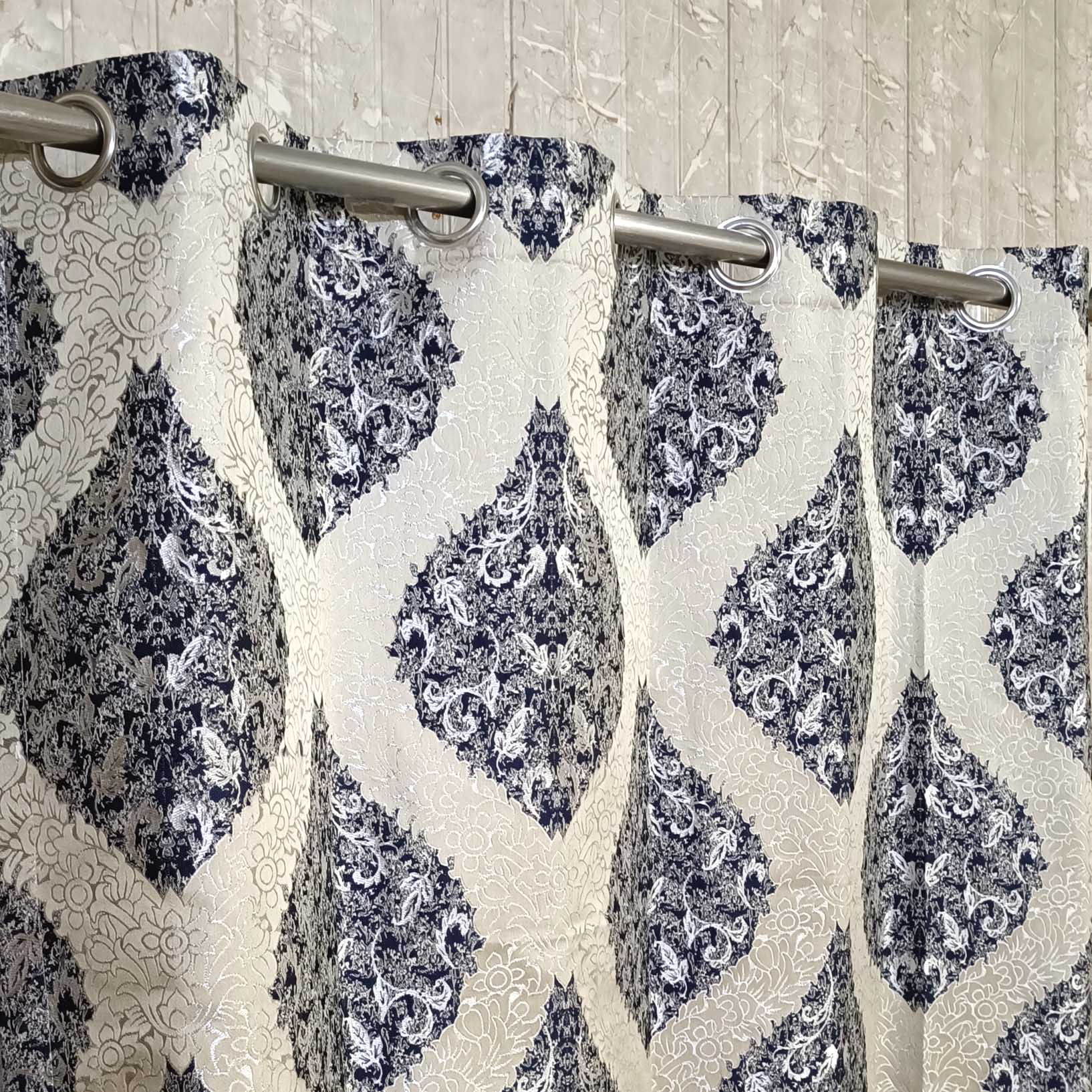 Thick Viscose Curtain Navy Blue and Silver on Off-White
