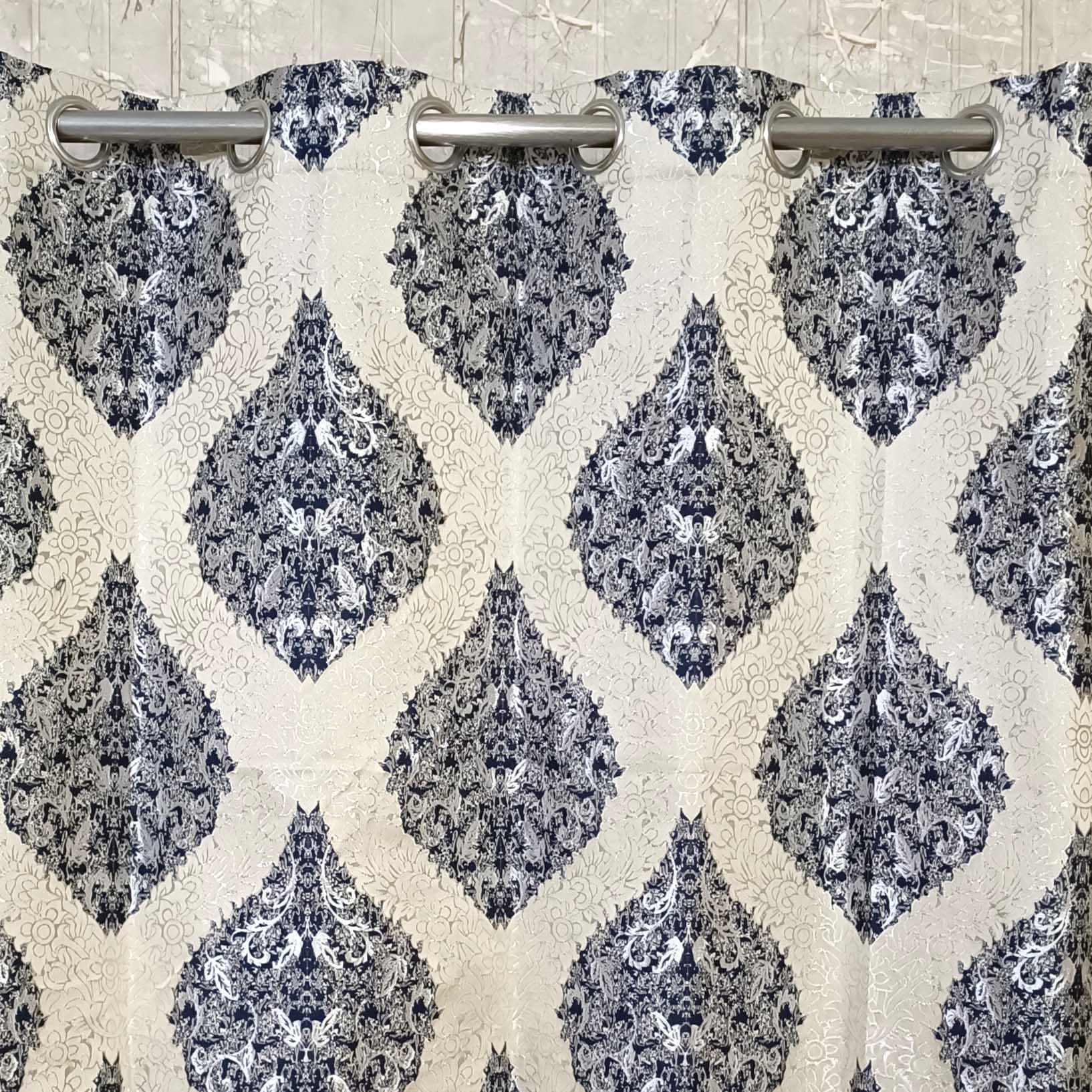 Thick Viscose Curtain Navy Blue and Silver on Off-White