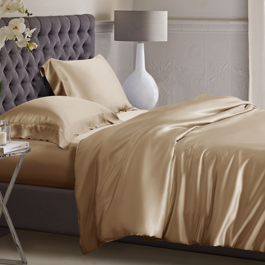 6 Pcs Silk Duvet Cover Set Cappuccino