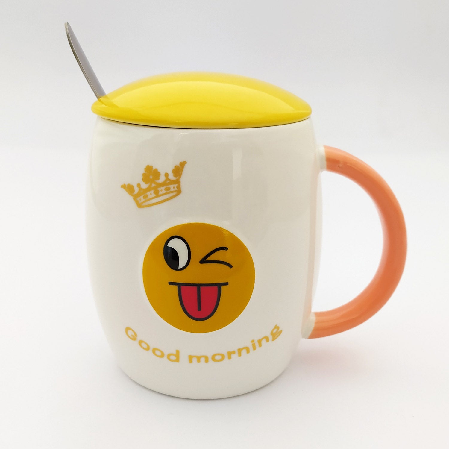 Good Morning Emoji Ceramic Mug with Lid and Spoon