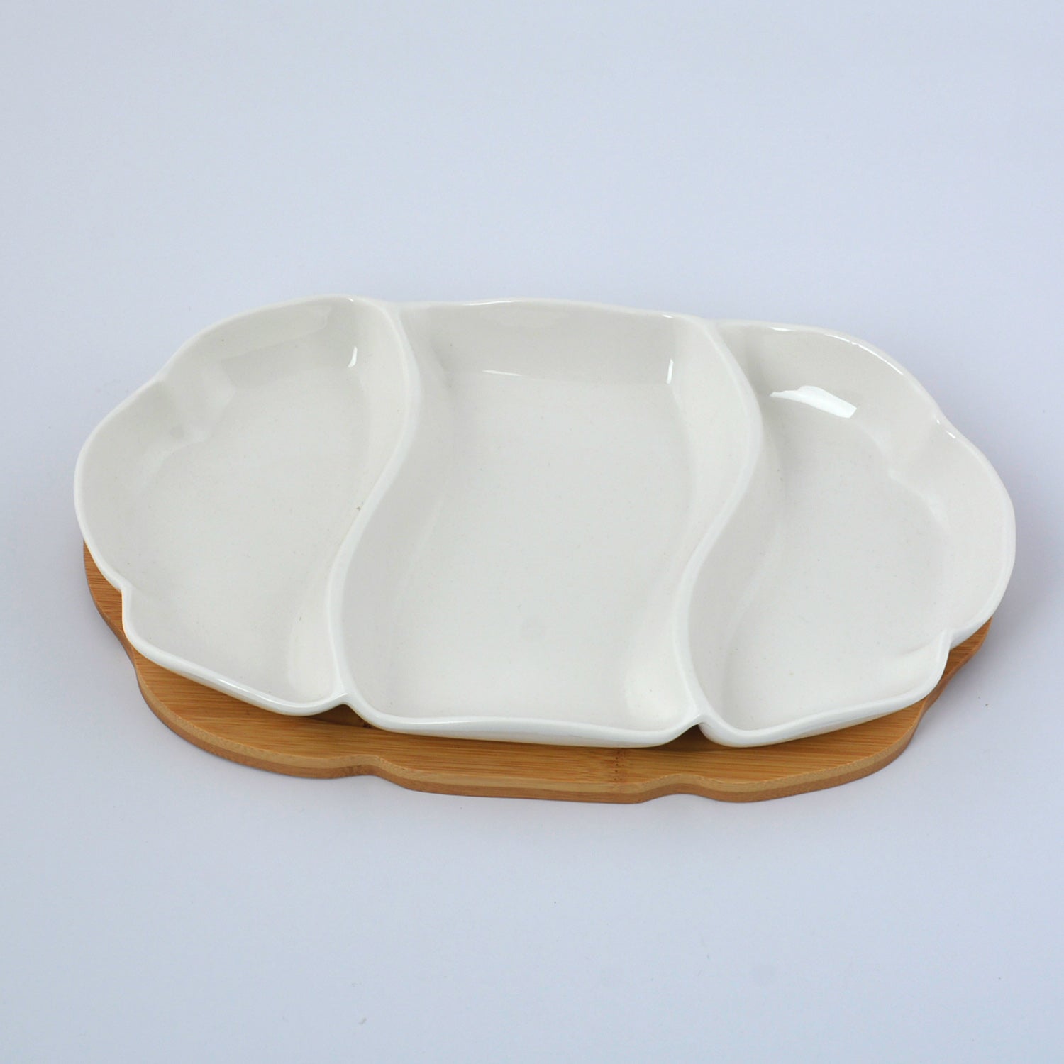 3 Section Serving Dish With Wooden Base