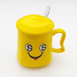 Dollar Eyes  Emoji Ceramic Mug with Lid and Spoon