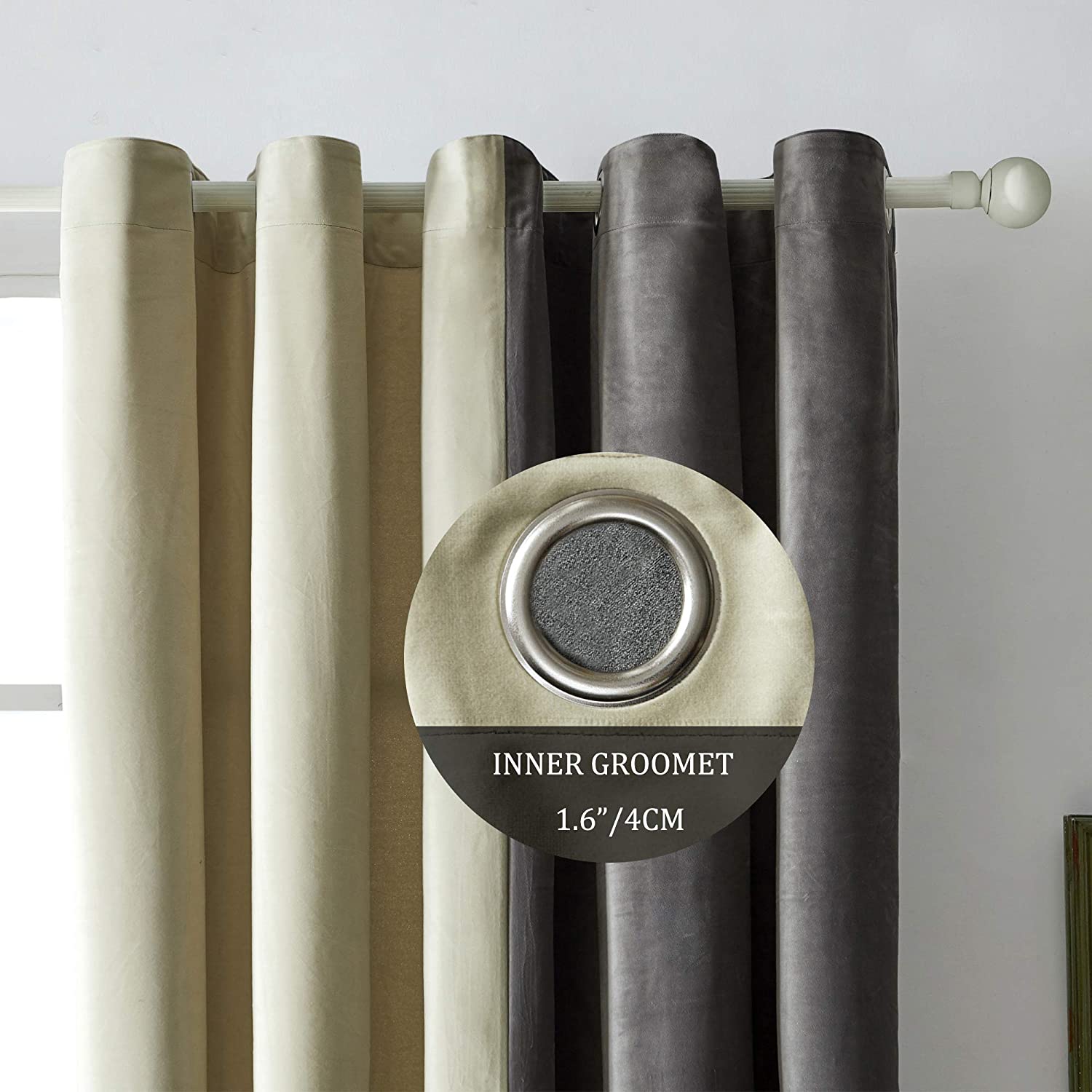Pair or Plain Velvet Curtain Off-white & Grey Combo