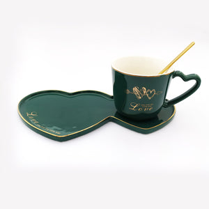 Love Ceramic Mug with Serving Plate and Spoon Green