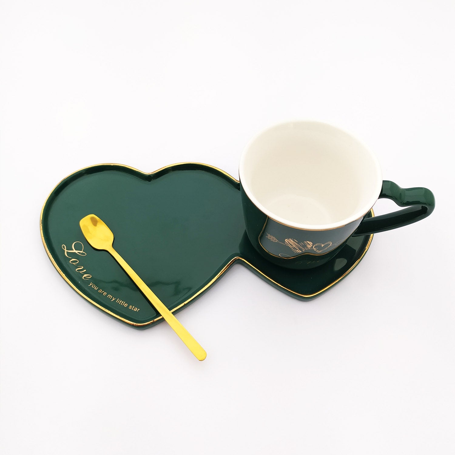 Love Ceramic Mug with Serving Plate and Spoon Green