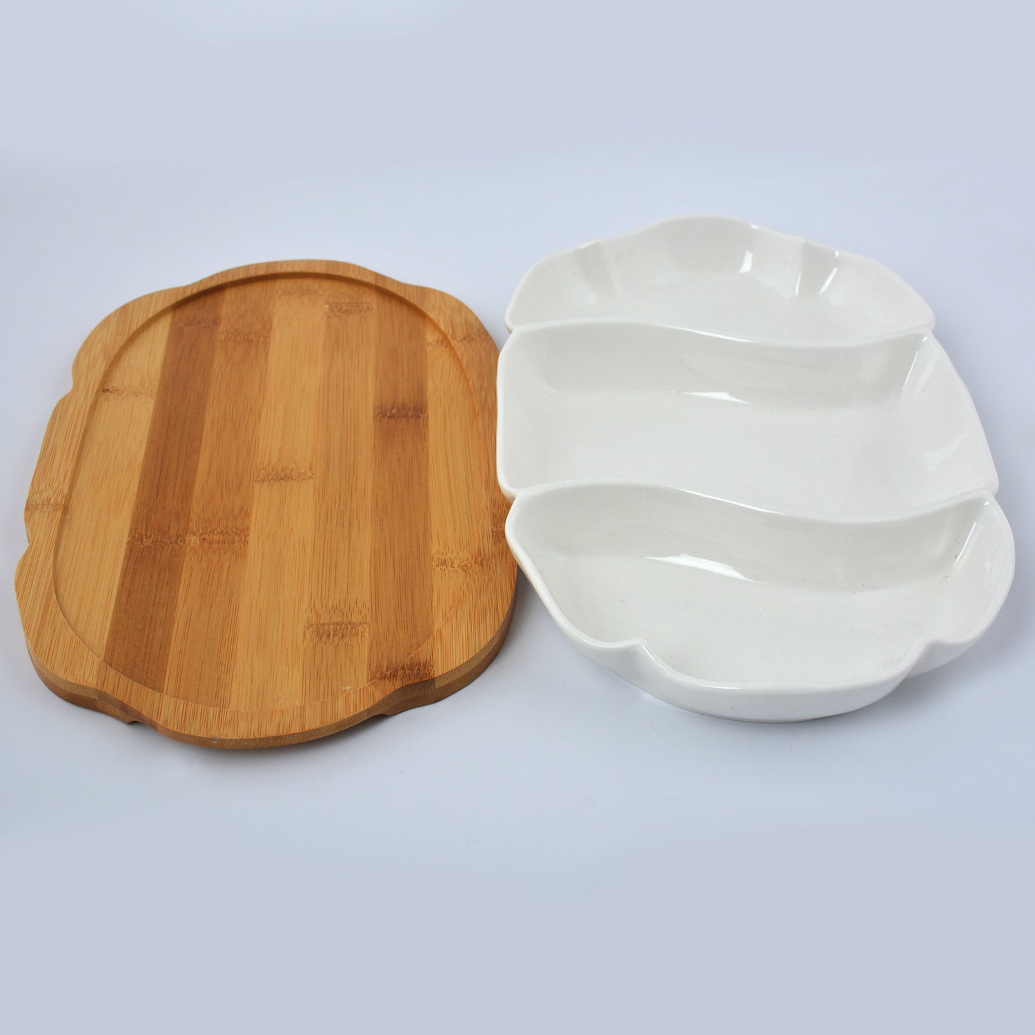 3 Section Serving Dish With Wooden Base