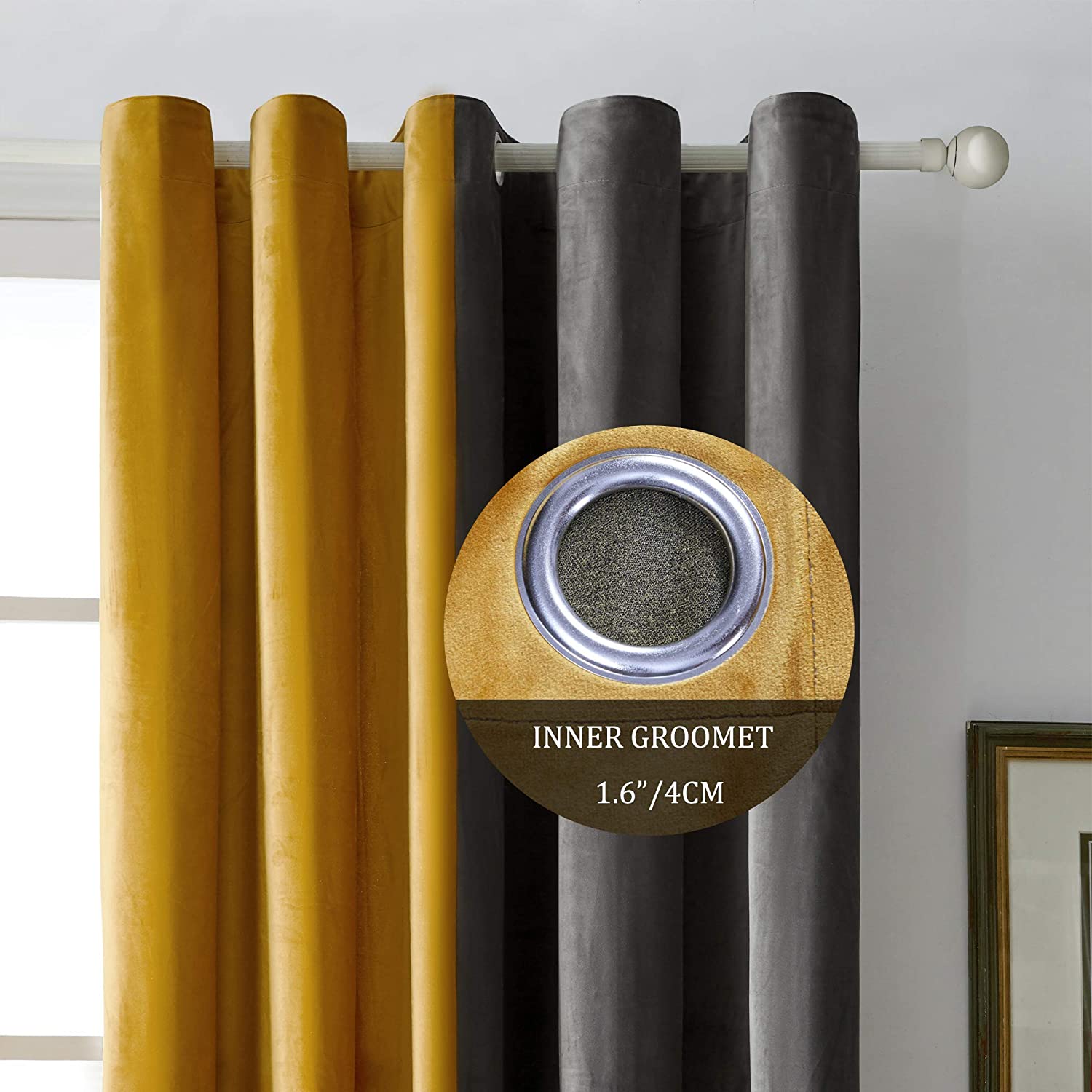 Pair of Plain Velvet Curtain Mustard & Charcoal Grey Combo
