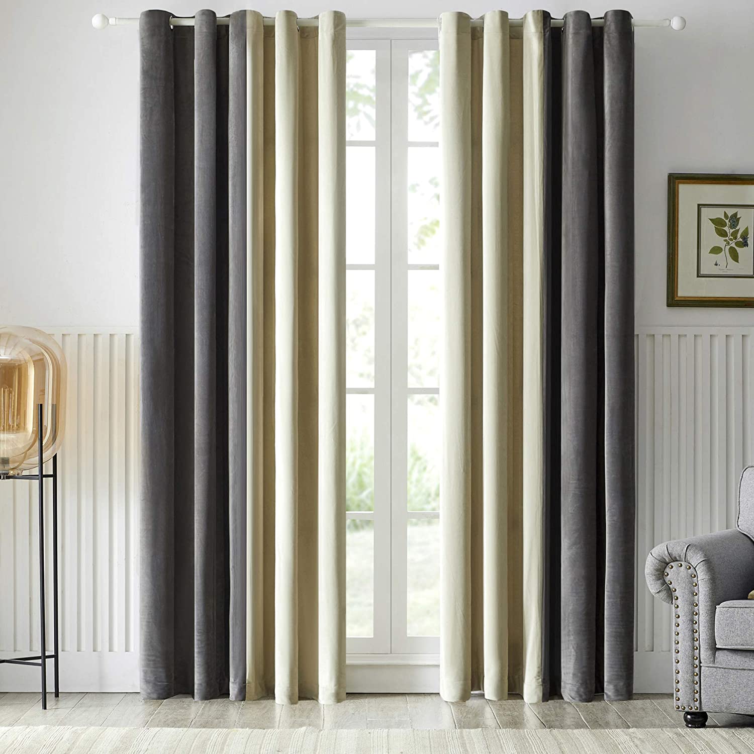 Pair or Plain Velvet Curtain Off-white & Grey Combo