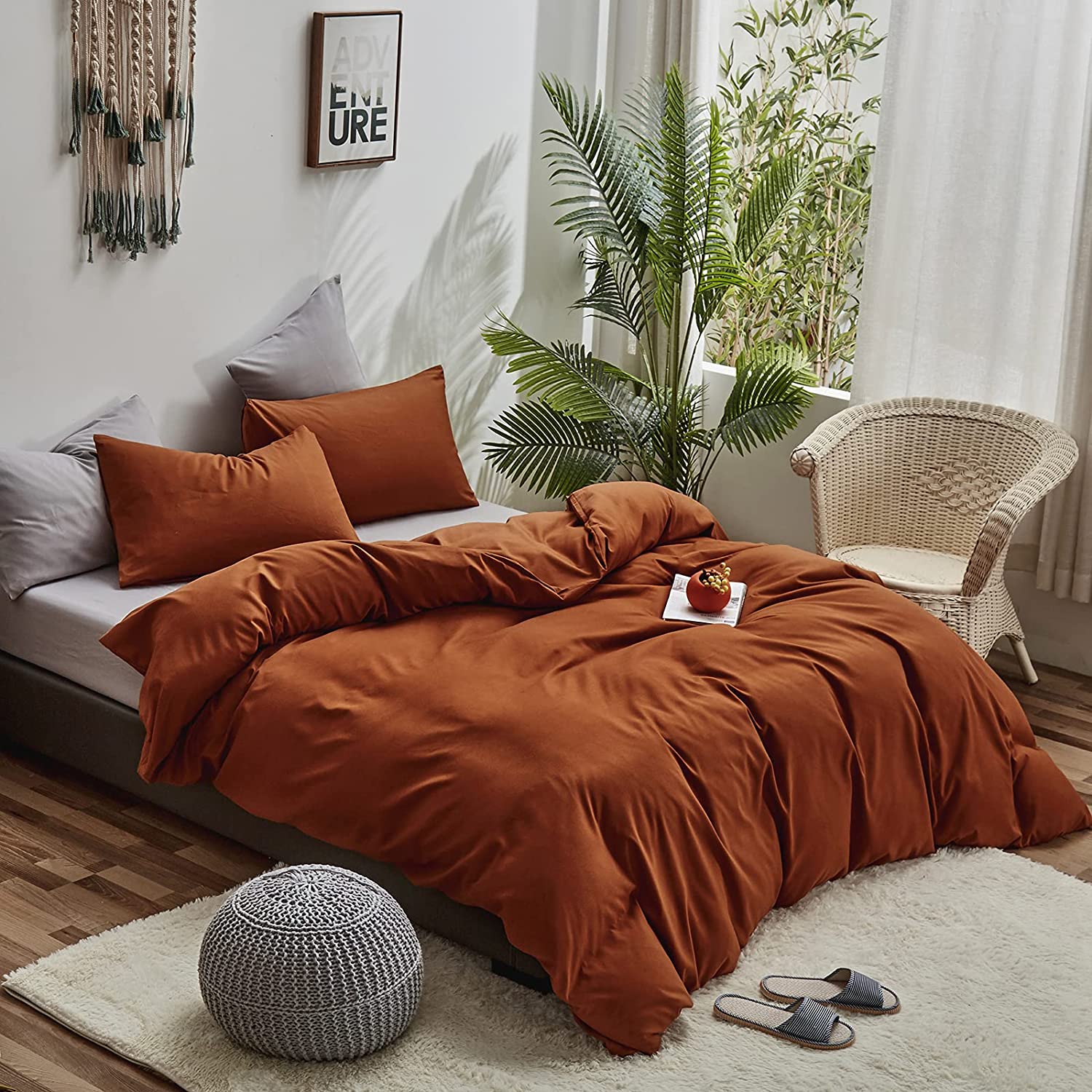 6 Pcs Cotton Duvet Cover Set Orange Brown With Lite Grey