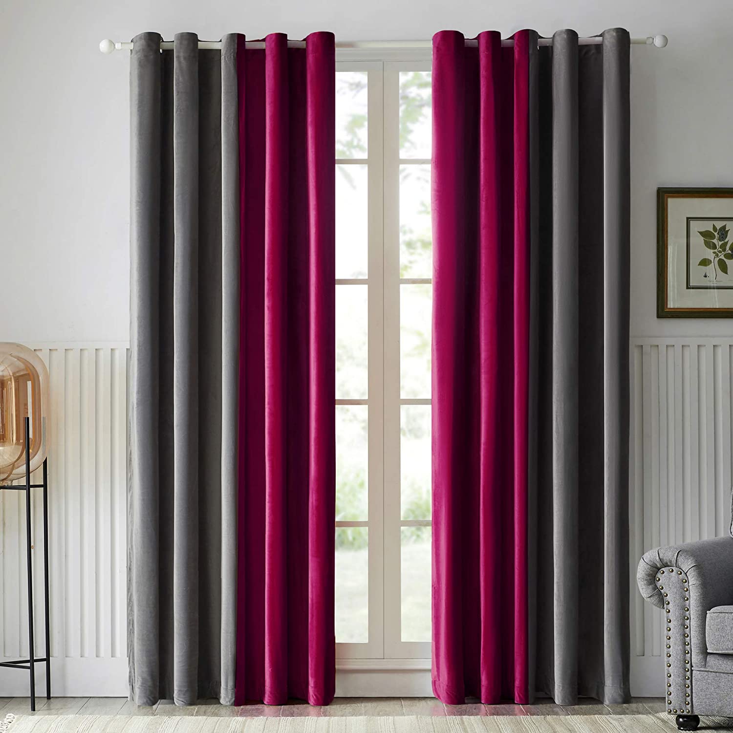 Pair of Plain Velvet Curtain Maroon & Grey Combo