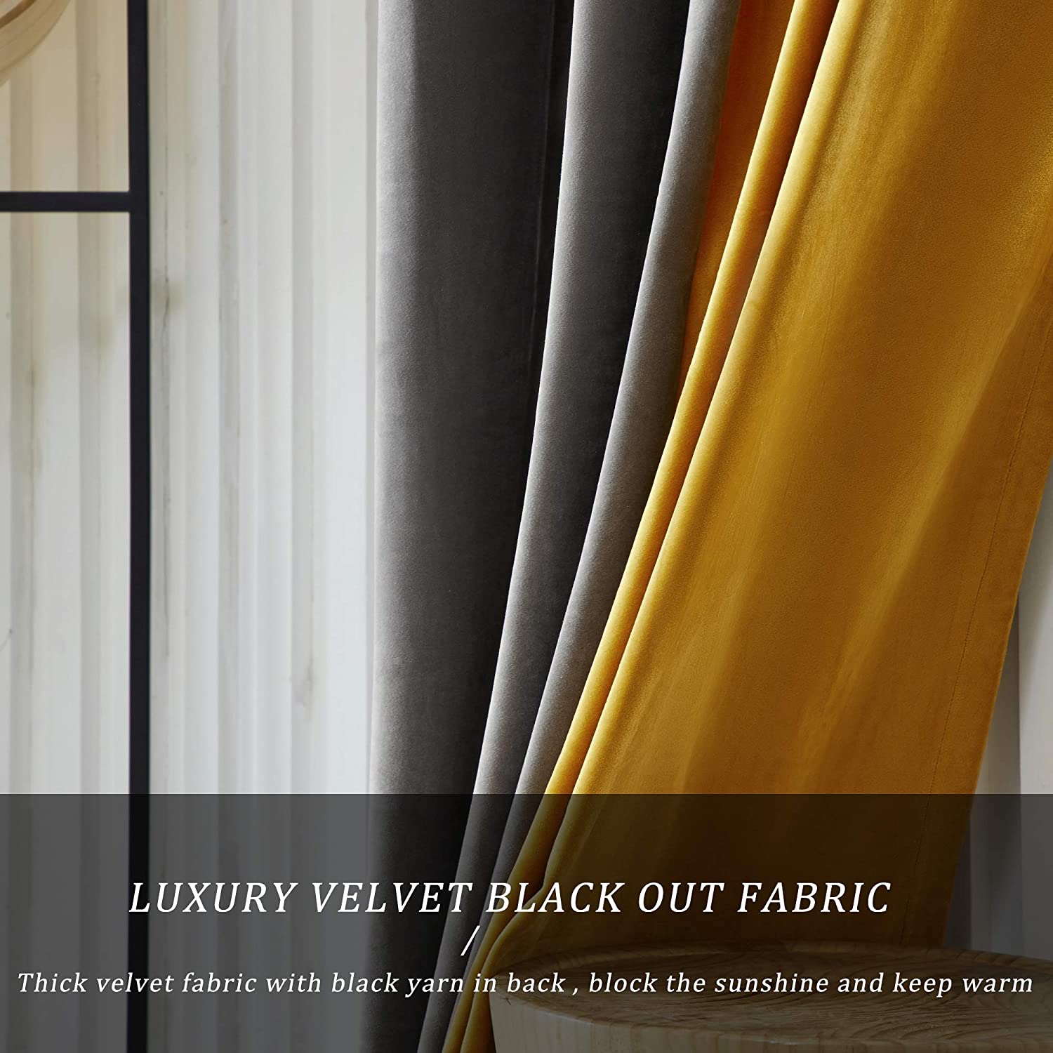 Pair of Plain Velvet Curtain Mustard & Charcoal Grey Combo