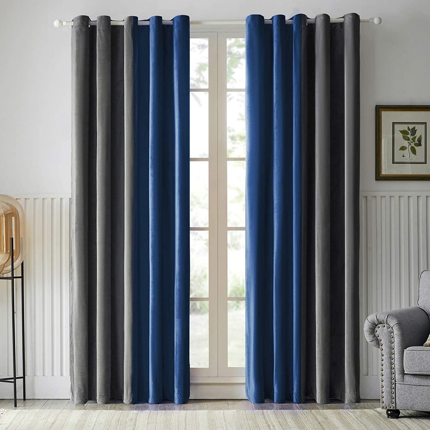 Pair of Plain Velvet Curtain Blue & Grey Combo