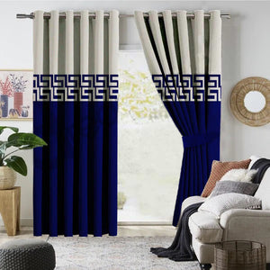 Pair of Laser Cutwork Versace Velvet Curtains Off-White on Navy Blue With Tie Belts