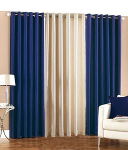 Plain Silk Curtain Blue & Off-White Combo (Complete Set for 6-8 Feet Wide Window)