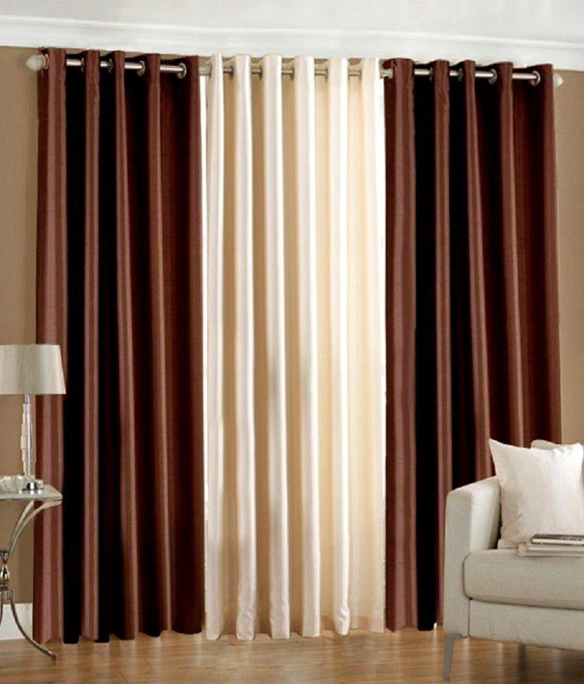 Plain Silk Curtain Brown Off White Combo Complete Set For 6 8 Feet Darodeewar