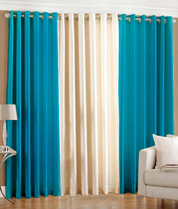 Plain Silk Curtain Turquoise & Off-White Combo (Complete Set for 6-8 Feet Wide Window)