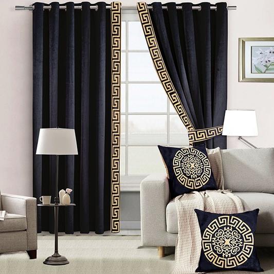 Pair of Laser Cutwork Versace Velvet Curtains Off-White on Black With Tie Belts and a Pair of Cushion Covers