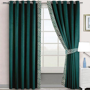 Pair of Laser Cutwork Versace Border Velvet Curtains White on Emerald Green With Tie Belts