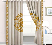 Pair of Laser Cutwork Versace Velvet Curtains Golden on Off-White With Tie Belts