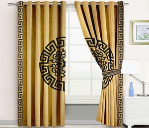 Pair of Laser Cutwork Versace Velvet Curtains Dark Brown on Beige With Tie Belts