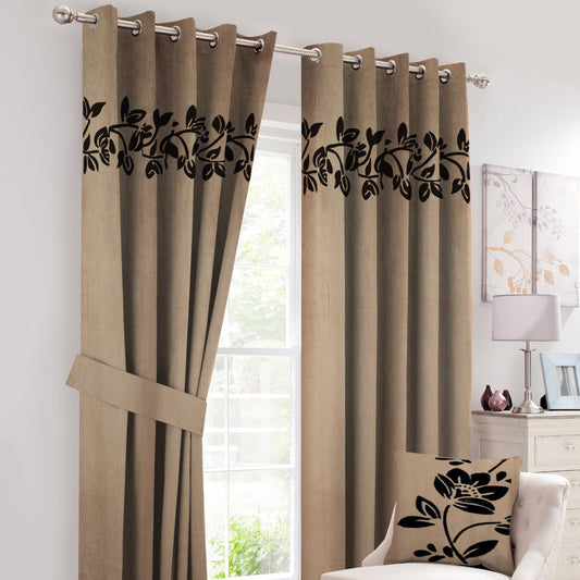 Pair of Laser Cutwork Floral Velvet Curtains Brown on Beige With Tie Belts & A Cushion Cover