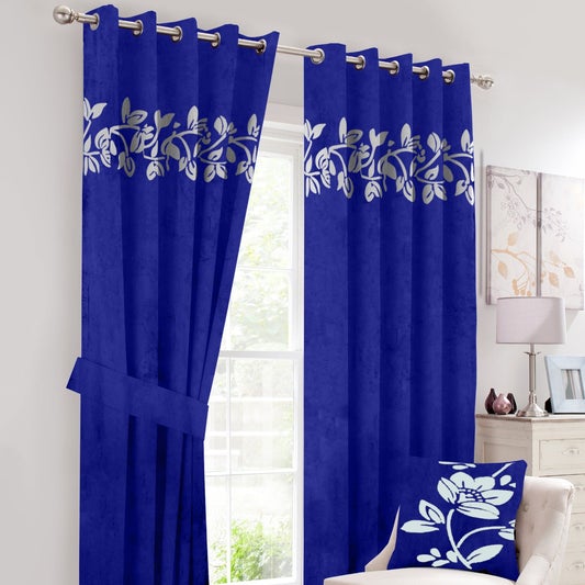 Pair of Laser Cutwork Floral Velvet Curtains White on Blue With Tie Belts & A Cushion Cover