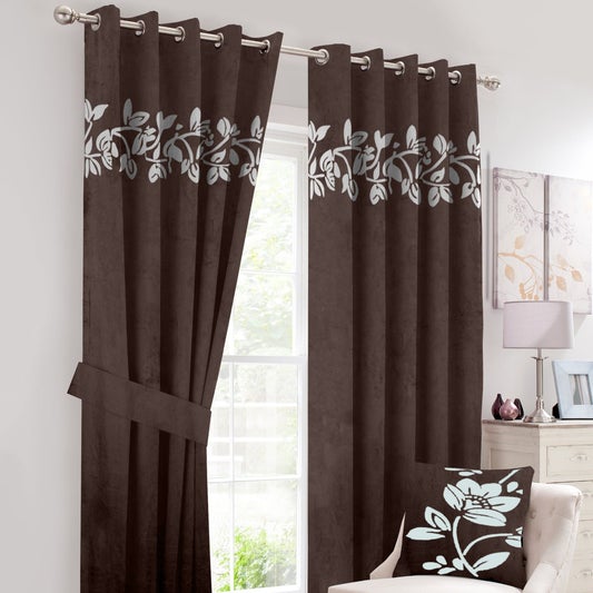 Pair of Laser Cutwork Floral Velvet Curtains White on Dark Brown With Tie Belts & A Cushion Cover