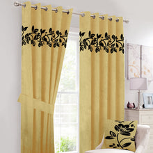 Pair of Laser Cutwork Floral Velvet Curtains Black on Yellow With Tie Belts & A Cushion Cover