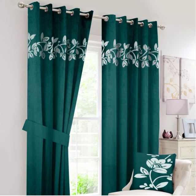 Pair of Laser Cutwork Floral Velvet Curtains White on Green With Tie Belts & A Cushion Cover