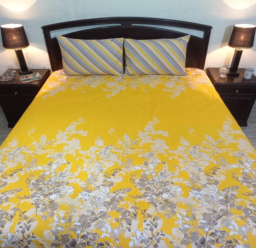 Yellow Grey Floral Cotton Bed Sheet