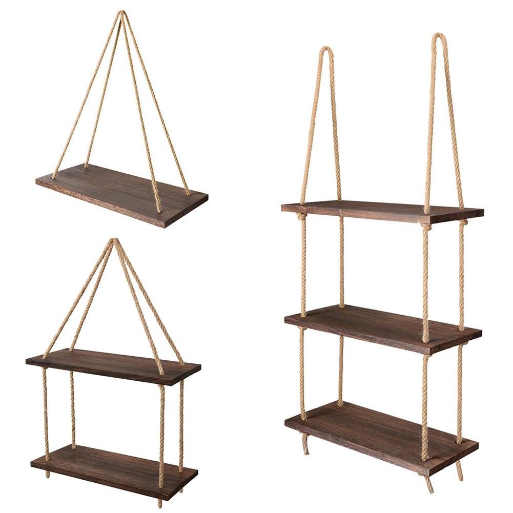 Rope Floating Solid Wood Wall Hanging Shelves - waseeh.com
