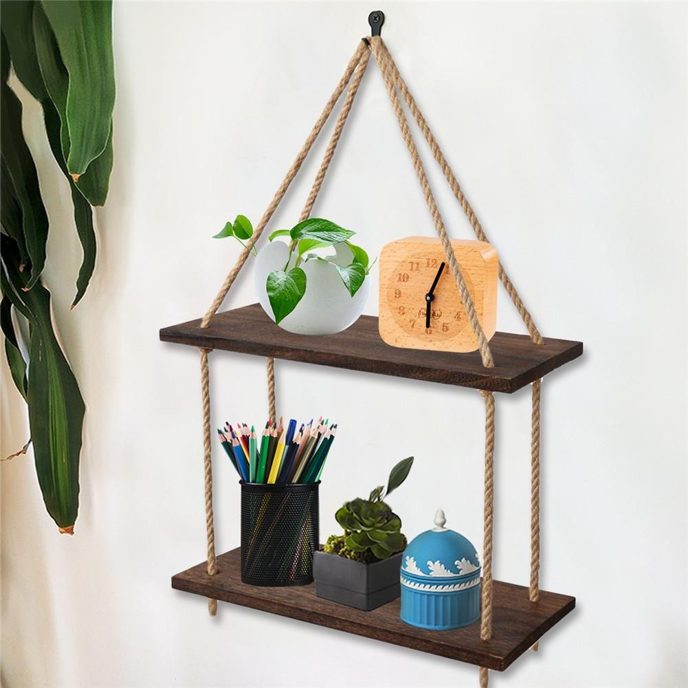 Rope Floating Solid Wood Wall Hanging Shelves - waseeh.com